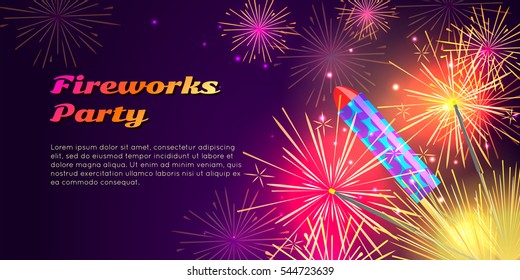 Colourful exploding rockets set on bright background. Salutes banners with bengal fires, petards explosions in cartoon style flat design. Collection of fireworks and New Year decoration attributes.