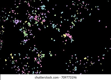 Colourful explosion of confetti. Grainy glitter and sprinkles. Abstract holiday illustration. Isolated on black background. Abstract textured isolated on white background. Vector.