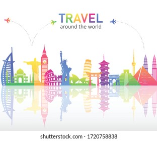 Colourful famous landmarks skyline on white background. Travel around the world. vector illustration in flat design. tourism and transport concept.