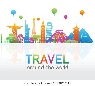 Colourful famous landmarks skyline on white background. Travel around the world. tourism and transport concept. vector illustration in flat design.  Road trip. journey in holiday.