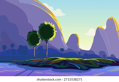 Colourful Fantasy Background Vector, Cartoon Mountains Landscape Background, Purple Colour, Fantasy Background Design, Vector Art