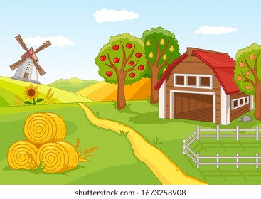 Colourful farm landscape with fruit orchard, wooden barn and windmill set in rolling green hills with receding path, vector illusration