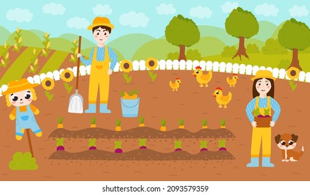 Colourful farm landscape with harvest or carrots and beet root with farmer diggig and girl holding basket with vegetables, farming concept in cartoon style poster design