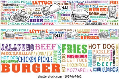 Colourful Fast Food Template For Cafe And Restaurant Wall, Food Typography Uses Banner, Sticker, Background, Wallpaper, Layout Design.