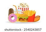 Colourful fast food vector isolated on white background. hamburger dinner and restaurant, delicious set of fast food lots of and unhealthy fast food classic food in flat style.