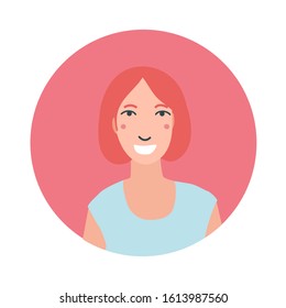 Colourful female face circle in flat style. Cartoon vector icon. Modern design. Woman face. Person silhouette avatar profile. Round portrait isolated.