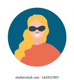 Colourful female face circle in flat style. Cartoon vector icon. Modern design. Woman face. Person silhouette avatar profile. Round portrait isolated.