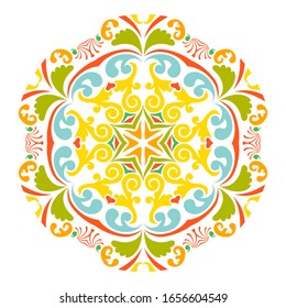 Colourful festive circle kaleidoscope pattern. Symmetric round mandala ornament. Design elements with abstract shapes. Vector illustration.