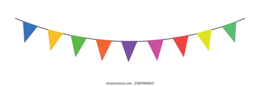 Colourful Festive flag garland vector illustration. Hanging summer party garland. Simple flat style, isolated on white background. Carnival garland, birthday party decoration, single string of flags.