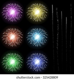 Colourful Firework Rocket Explosion Design Template with Rocket Tails - Set - New Years Eve Symbols - Happy New Year Collection. Rocket Burst, Pyro, Pyrotechnics. Party, Event, Celebration Icons