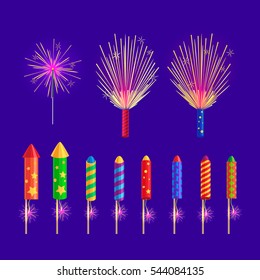 Colourful firework rockets on blue background. Vector sparkling rockets, salute elements in cartoon flat design. Collection of fireworks and New Year pyrotechnic attributes, christmas decorations