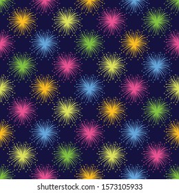 Colourful fireworks  seamless vector pattern background. Perfect for party invitation , web background, textile and home decor projects. 