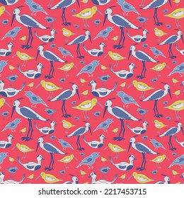 Colourful flat hand drawn birds seamless pattern on red background. For textile print, wrapping paper. Vector illustration.