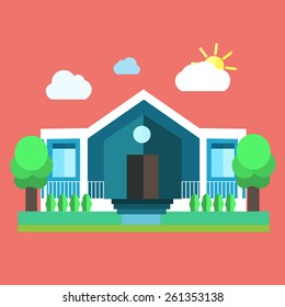 Colourful flat landscape. Creative design of a construction. Rural house. Trendy business concept. Vector illustration.