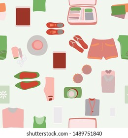 Colourful flat lay packed suitcase repeat pattern. Vector illustration