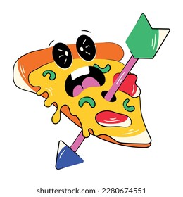 Colourful flat sticker of a pierced pizza slice with arrow 