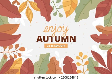 Colourful flat vector illustration: Autumn leaves background and text. Enjoy Autumn template for poster, banner, advertising. 