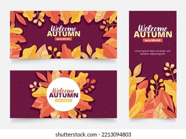 Colourful flat vector illustration: Autumn leaves background and text. Set of autumnal templates for poster, banner, advertising. Image collection with hand drown lettering.