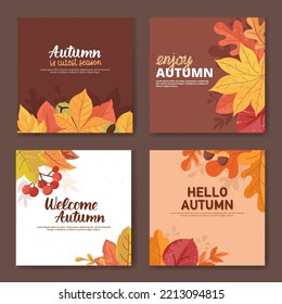 Colourful flat vector illustration: Autumn leaves background and text. Set of autumnal templates for poster, banner, advertising. Image collection with hand drown lettering.