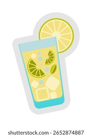 Colourful flat vector illustration of a refreshing summer lemonade with lime slices, ice cubes, and a lemon wheel. Perfect for menu design, food blogs, or drink-related graphics.