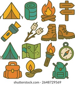 A colourful flat-style camping icon bundle featuring tents, campfires, backpacks, hiking boots, maps, flashlights, marshmallows, and compasses — perfect for outdoor adventure graphics.