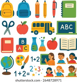 Colourful flat-style school and education icon set featuring backpacks, pencils, scissors, school bus, chalkboard, globe, books, students, and classroom supplies.