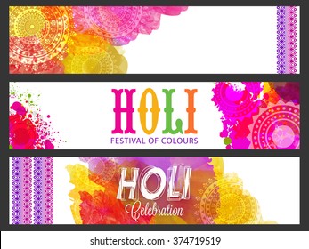 Colourful floral design decorated website header or banner set for Indian Festival of Colours, Happy Holi celebration.