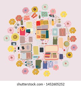 Colourful Floral Frame With Top View View Luggage Round Shape Composition. Vector