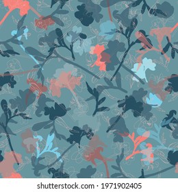 Colourful floral seamless vector pattern with hand drawn flowers and silhouettes. Elegant layered texture for home and fashion fabrics, decorations and wallpaper.
