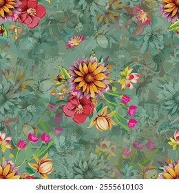 Colourful flower  digital pattern design. Pattern with floral seamless. Grunge textured abstract art vector with flower and plants in watercolor style.