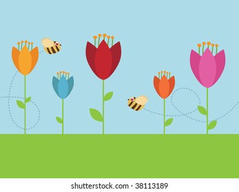 colourful flower garden with bees