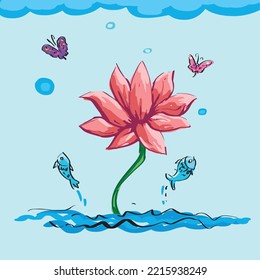 ilustración de flores coloridas diseño vectorial con mariposa y peces en el fondo de agua azul