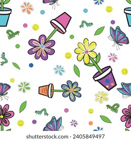 Colourful Flower ,seamless pattern ,prints background, vectors, surface patterns , Flowers ,butterfly , caterpillars ,dots, stripes, crosshetch 