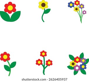 Colourful flower set . Red, blue, green, yellow, purple