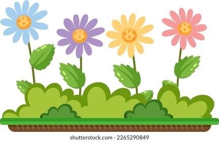 Colourful flowers with bush illustration