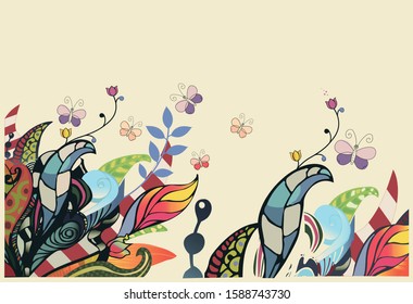 Colourful flowers with butterfly wall painting 