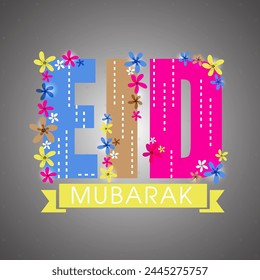 Bunte Blumen geschmückt, kreativer Text Eid Mubarak auf glänzend grauem Hintergrund, Grußkarte Design für muslimische Community Festival-Feier.