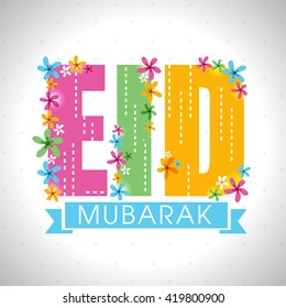 Colourful flowers decorated, Creative Text Eid Mubarak on shiny grey background, Greeting card design for Muslim Community Festival celebration.