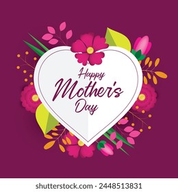 Colourful flowers on big heart and wording of mother's day and on purple background. Greeting card of Mother's day in vector design