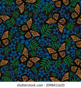 Colourful flowers seamless pattern with butterflies.