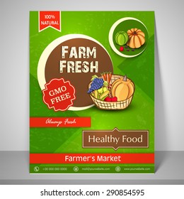 Colourful flyer or template for farm fresh farmer's market with image of fresh vegetables, fruit and mailer. 