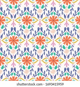 Colourful folk damask semaless repeat vector pattern background. Great for paper products and stationery such as invitations, notebooks and party items. Would be great for gift and home ware products