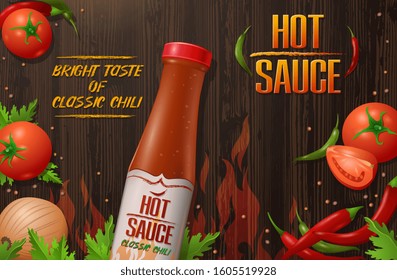 Colourful food design for a Hot Chili Sauce in a bottle over flames flanked by tomatoes, onions, chilli pods and herbs with central text, vector illustration