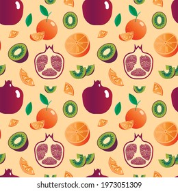 colourful food vector background illustration with oranges, kiwi and garnet. colourful fresh fruit and juice vector background. fresh tasty food vector pattern background with fruit.