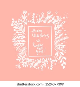 Colourful Frame floral pattern with lettering Merry Christmas and Happy New Year