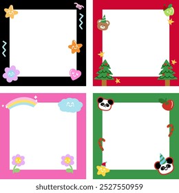 Colourful frame set with panda, teddy bear, Christmas tree, rainbow, candy cane for festive decoration, polaroid photo, square ad template, social media post, winter season, notepad, sticky note, memo