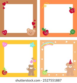 Colourful frame set with teddy bear, puppy, rainbow, heart, star, party hat for festive decoration, polaroid photo, square ad template, social media post, winter season, notepad, sticky note, memo