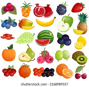 Colourful Fresh Fruits Pomegranate, Pineapple, Strawberry, Apple, Banana, Grapes, Manggo, Watermelon, Kiwi, Orange, Cherry, Lemon