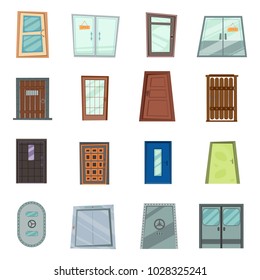 Colourful front doors to houses and buildings set in flat design style.Set of the various doors on the white background.Vector Illustration.