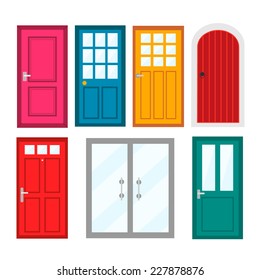 Colourful front doors to houses and buildings set in flat design style, vector illustration